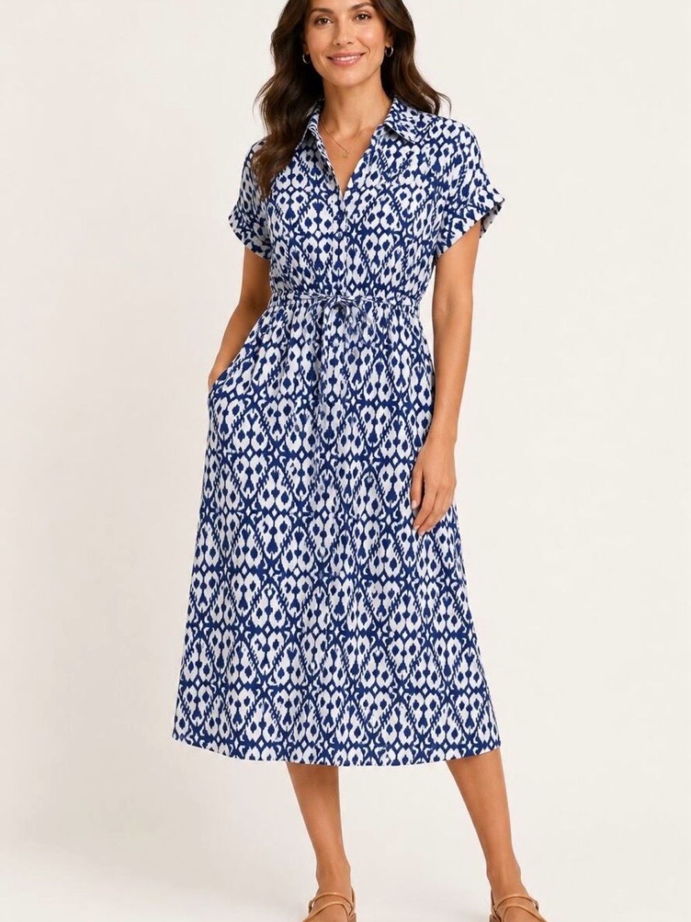 NWT Badgley Mischka Blue and White Ikat Midi Shirt Dress Linen Feel Sz Large